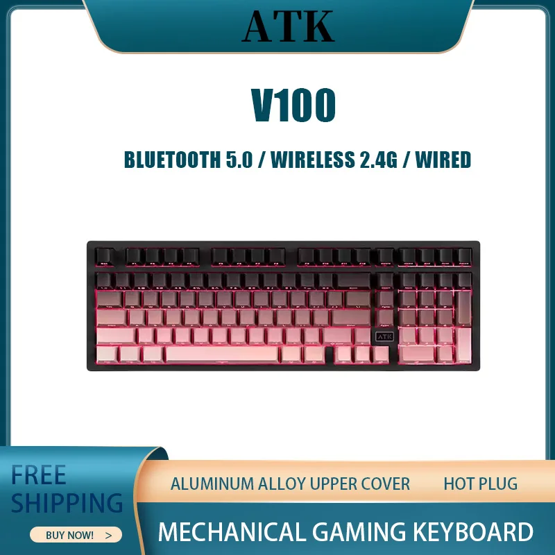 ATK V100 Mechanical Keyboard Three Mode Connection Half Aluminum Large Array Low Latency Ergonomic Design RGB Gaming Keyboard