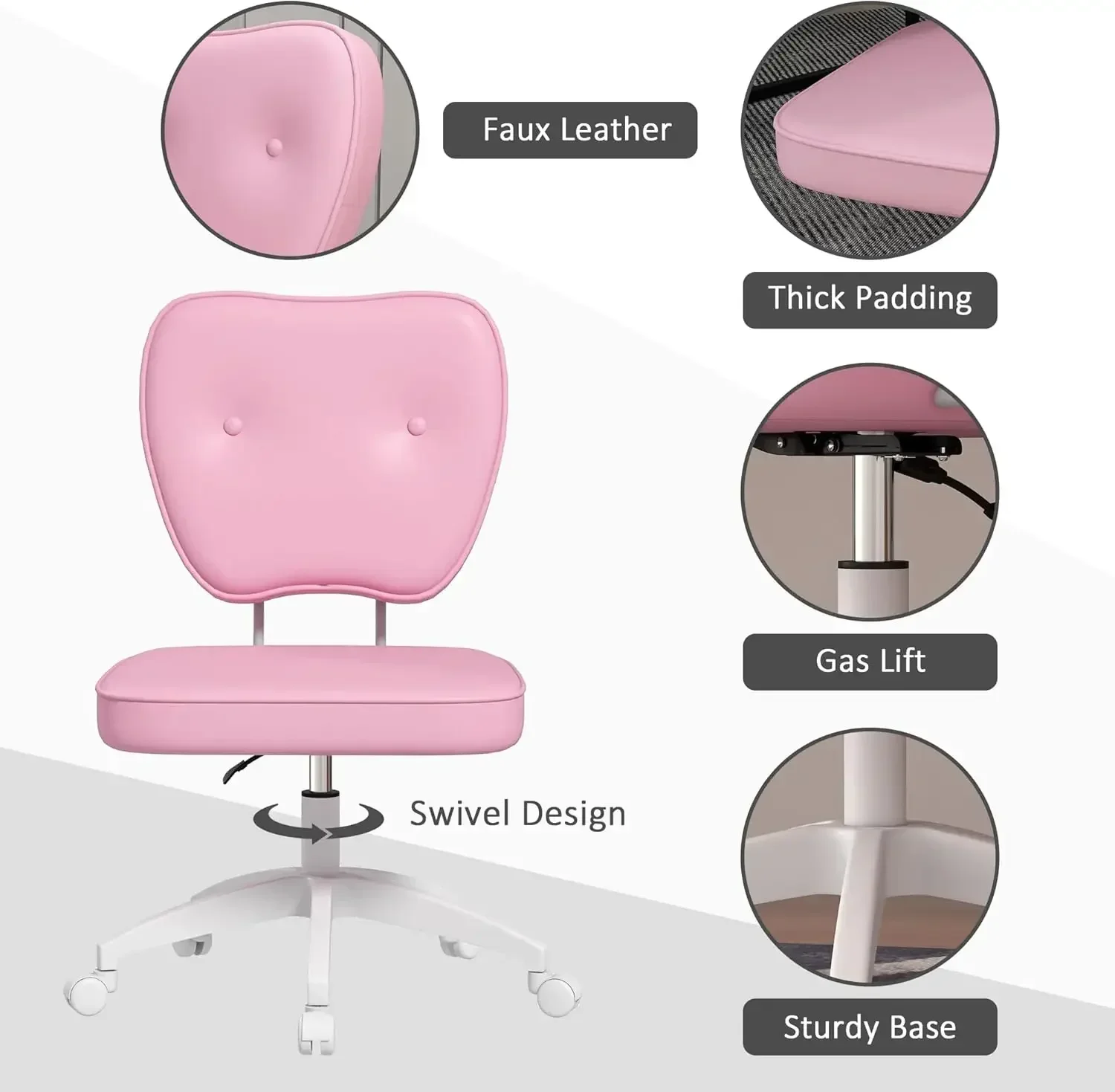 Cute Armless Office Chair, Small Pu Leather Computer Desk Chair, Vanity Task Chair With Adjustable Height, Swivel Wheels, Mid