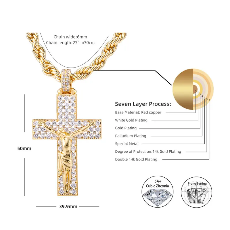 VANAXIN Iced Out Big Cross Jesus Pendant For Women Gold /Silver Color Stainless Steel Chain Hip Hop Jewelry