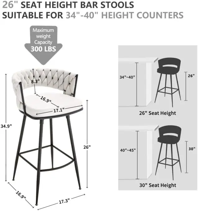 Counter-Ensemble de 2 tabourets de bar modernes en faux daim, avec dos tissé et pied en métal, pour café-bar