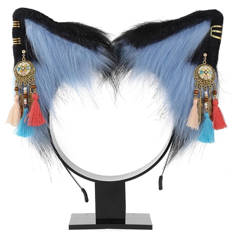 Plush Ear Headband with Ethnic Earring Decor Plush Headband for Movie Enthusiasts Adult Live Broadcast Headpiece