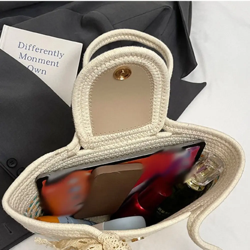 

Cute Shoulder Bag Woven Tote Bag with Ribbon Korean Style Stripe Tote Handbag Lightweight Large Capacity Summer Beach Bag Daily