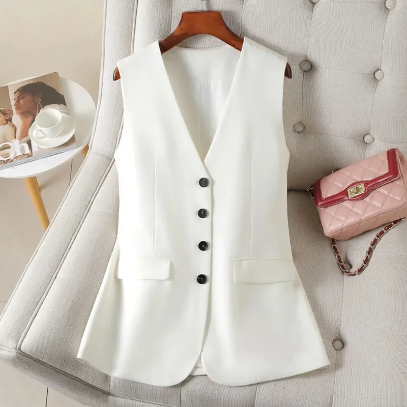 2024 New Women's Vest Jacket Fashion Sleeveless Buttons Blazer Long Vests Coat Korean Office Lady Femme Waistcoat Tops