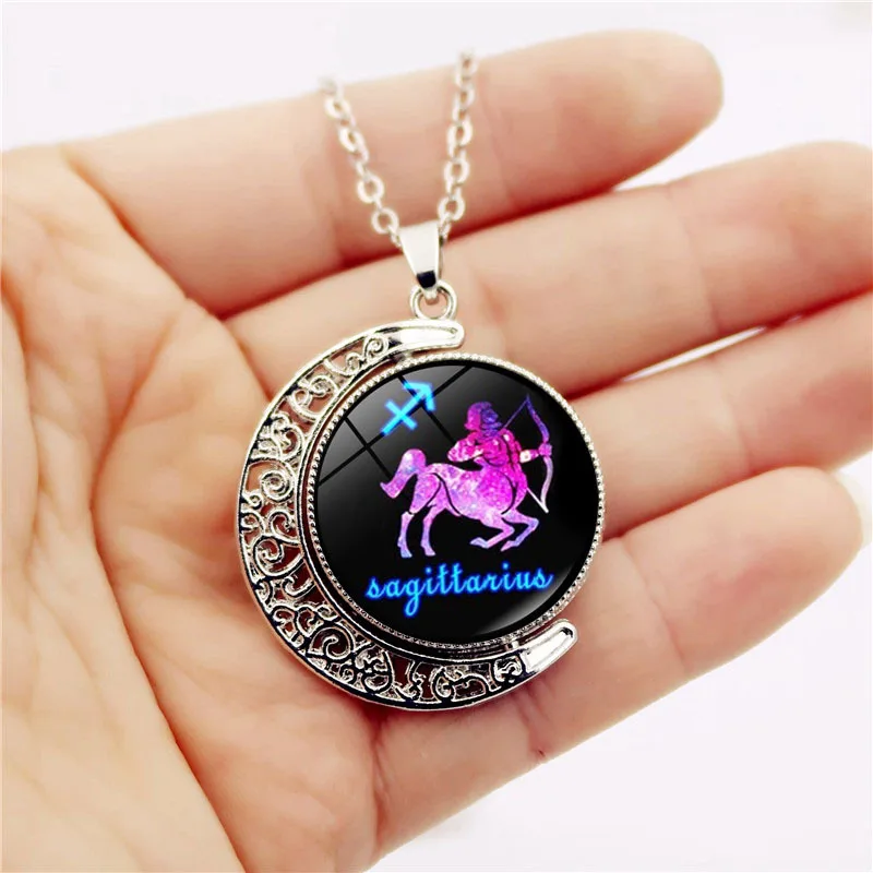 Vintage 12 Zodiac Double Sided Rotatable Moon Pendant Necklace For Women Constellation Sweater Chain Party Wear Jewelry Gifts