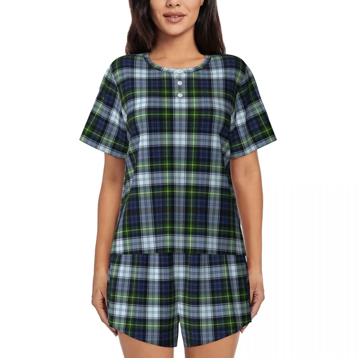 Custom Women Original Tartan Plaid Pajamas Set Print Geometric Gingham Check Two-piece Pj Sets Short Sleeve Sleepwear Loungewear