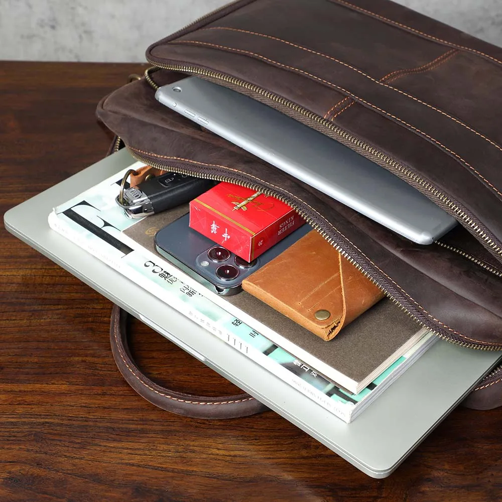 Vintage Echtleder Herren Aktentasche 15" Laptop-Tasche Arbeits- und Business-Herrentasche aus Crazy Horse Leder Schultertasche Handtasche – Detail 15