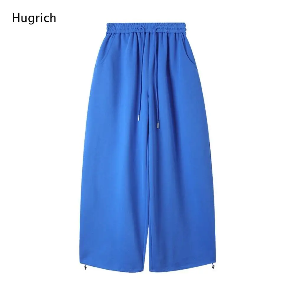Pantalones Deportivos de Pierna Ancha con Cintura Alta Elástica y Cordón Ajustable, Color Azul Klein, Bolsillos Laterales, Ajuste Ajustable en el Tobillo, Casuales, Combinables con Todo, para Mujer