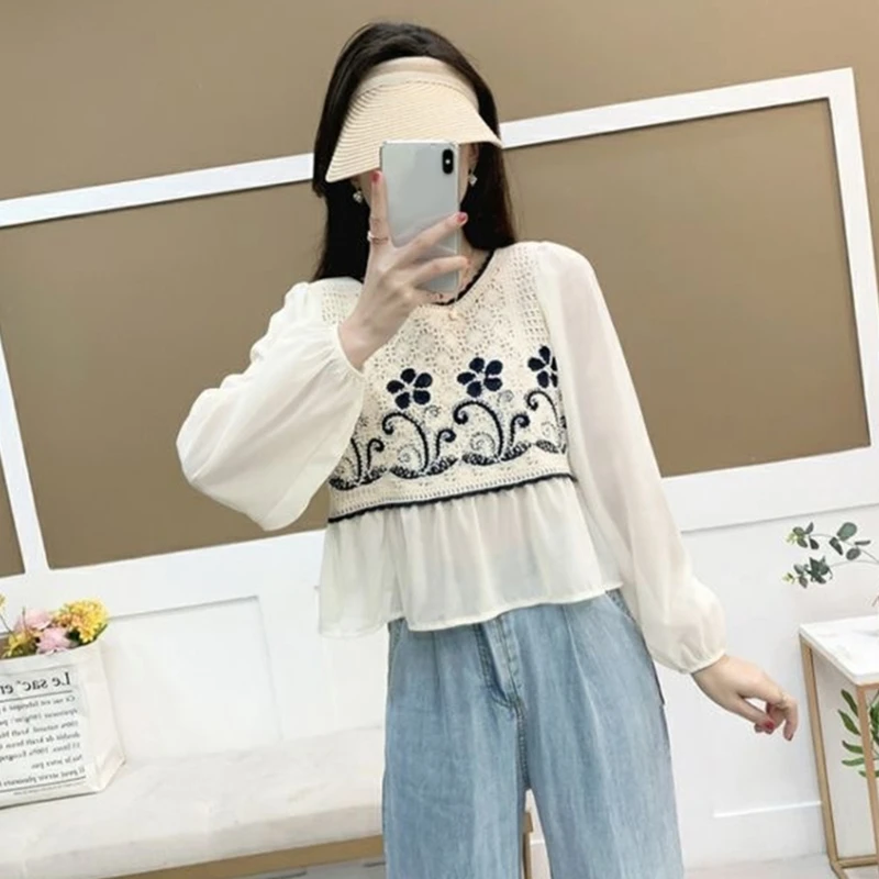 Women's Crewneck Long Sleeve Crop Top Floral Crochet Blouse T-shirt Casual Ruffle Hem Peplum Tops Fall Shirt Streetwear 066C