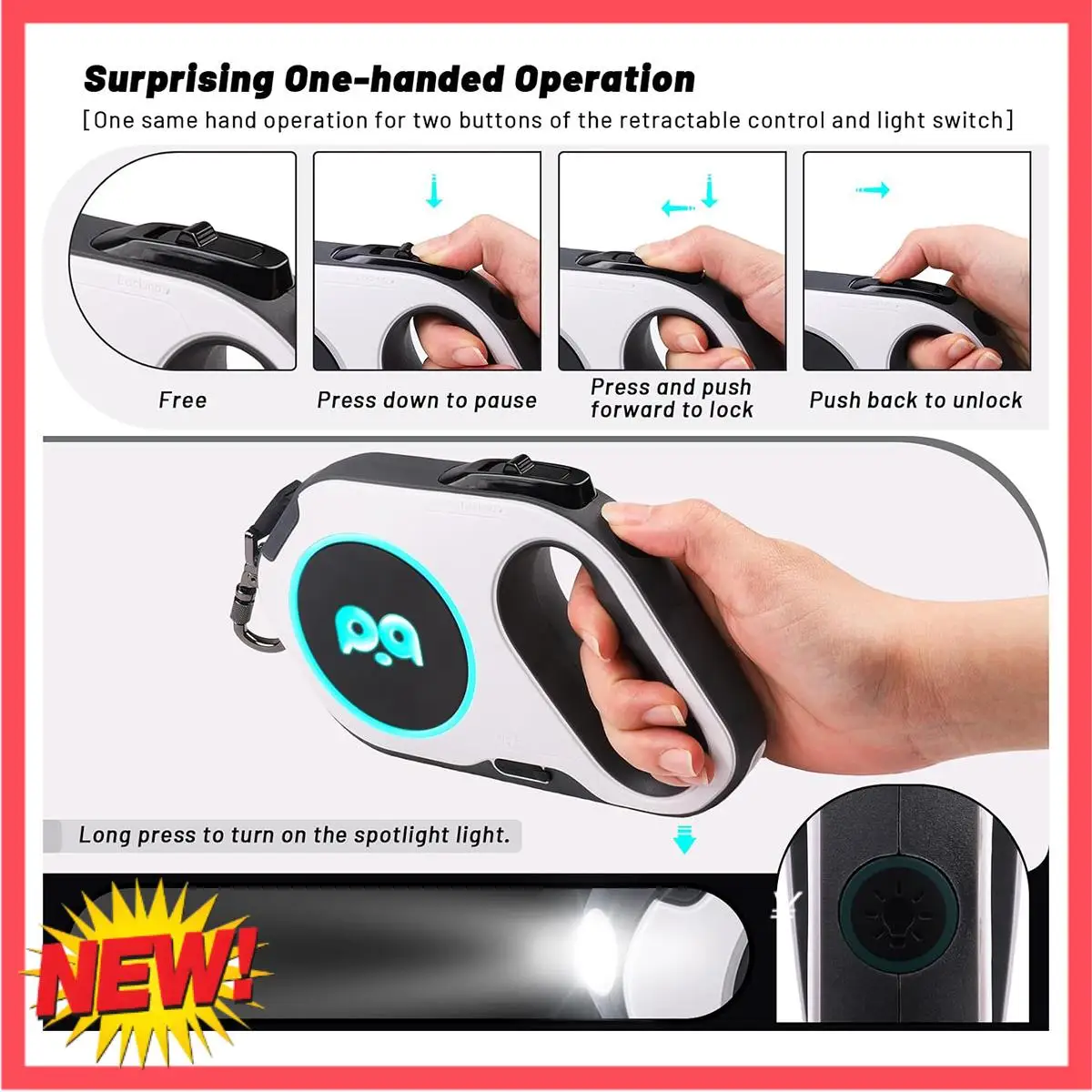 

B17C Retractable Dog Leash With Rechargeable LED Light - 16 Ft Strong Nylon Tape For Night Walks Up To 88Lbs Pet White 5 Meters