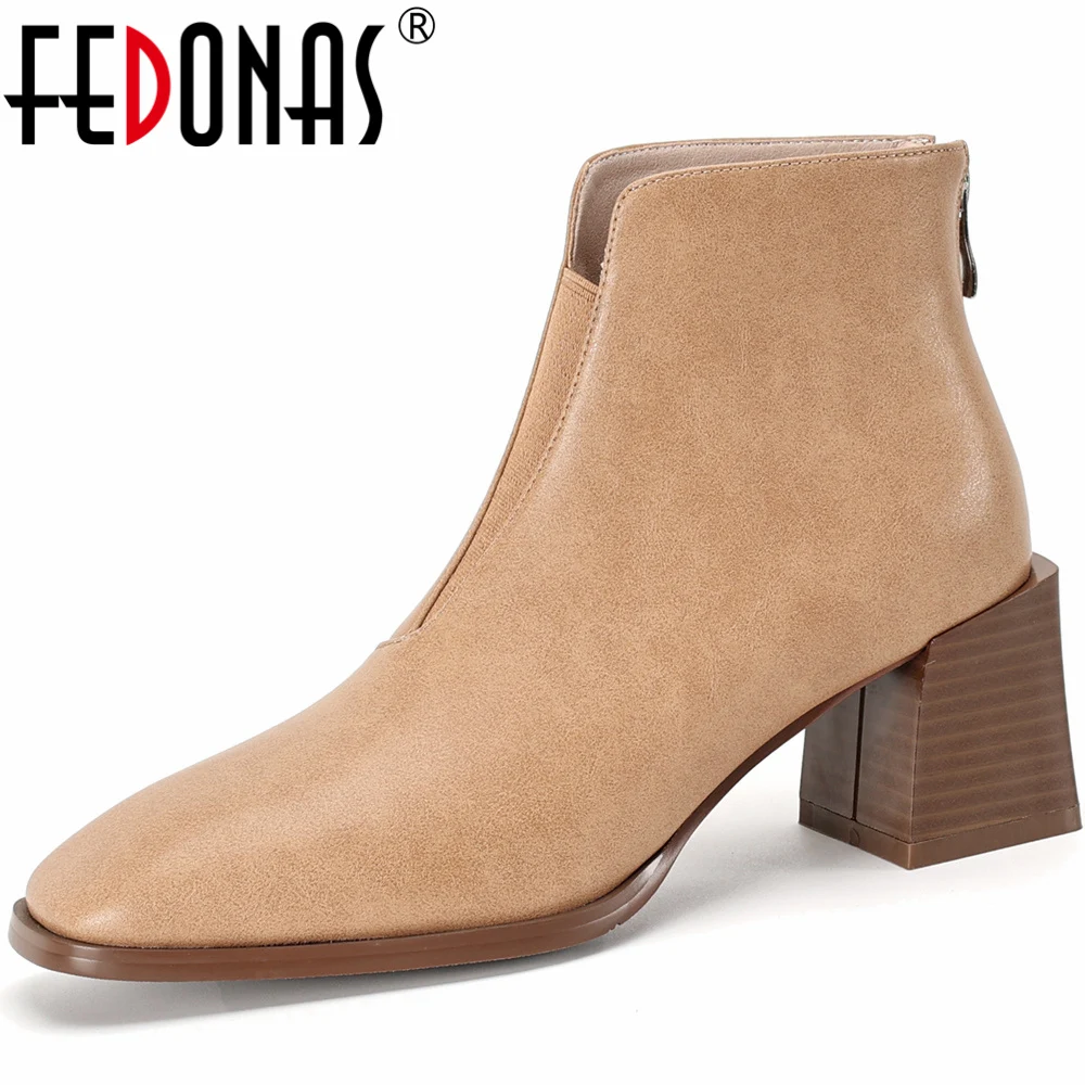 FEDONAS Basic Women Genuine Leather Ankle Boots Square High Heeled Back Zipper Shoes Woman Autumn Winter Concise Office Lady New