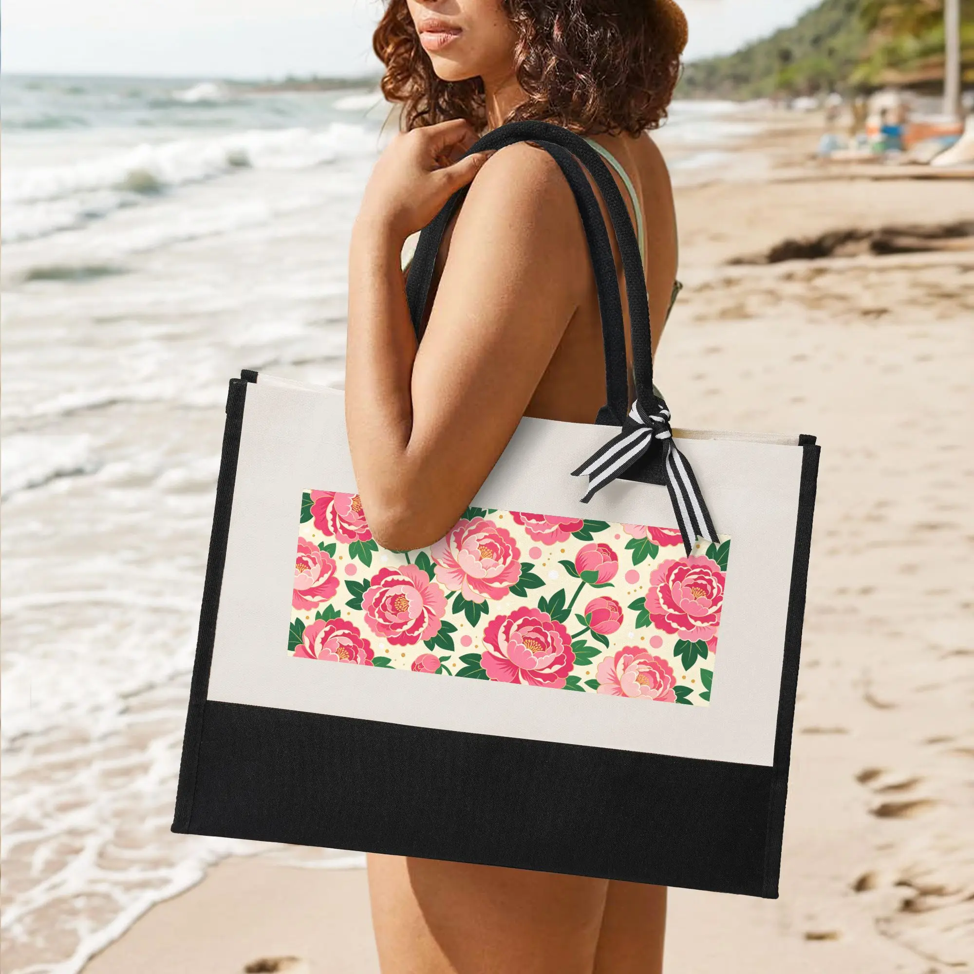 Floral Canvas Tote Bag Eco-Friendly Reusable Spliced Gift Handbag with Sturdy Handles for Shopping Travel Beach Work