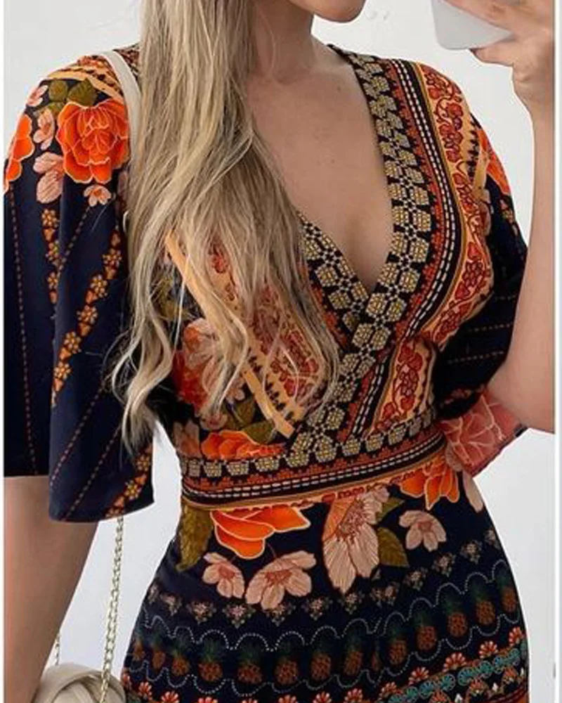

Jumpsuit Women Summer Casual Floral Print Jumpsuit Backless 3/4 Sleeve Romper Women Clothes Monos Mujer Elegante One Piece