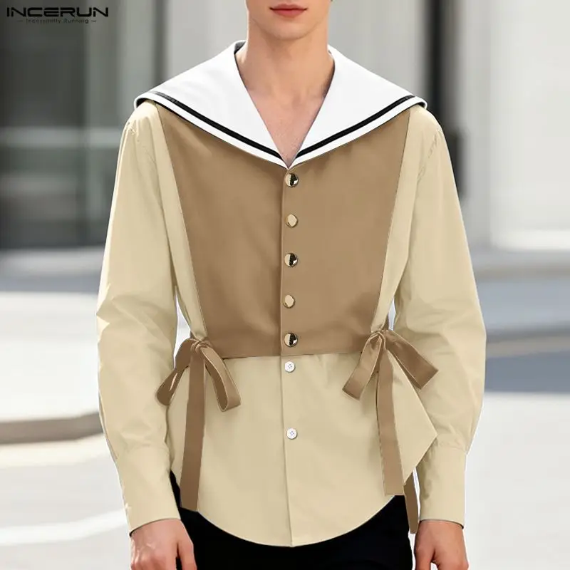 INCERUN Men Shirt Patchwork Color-block Navy Collar Long Sleeve Men Clothing Spring Streetwear Korean Style Fashion Casual Tops