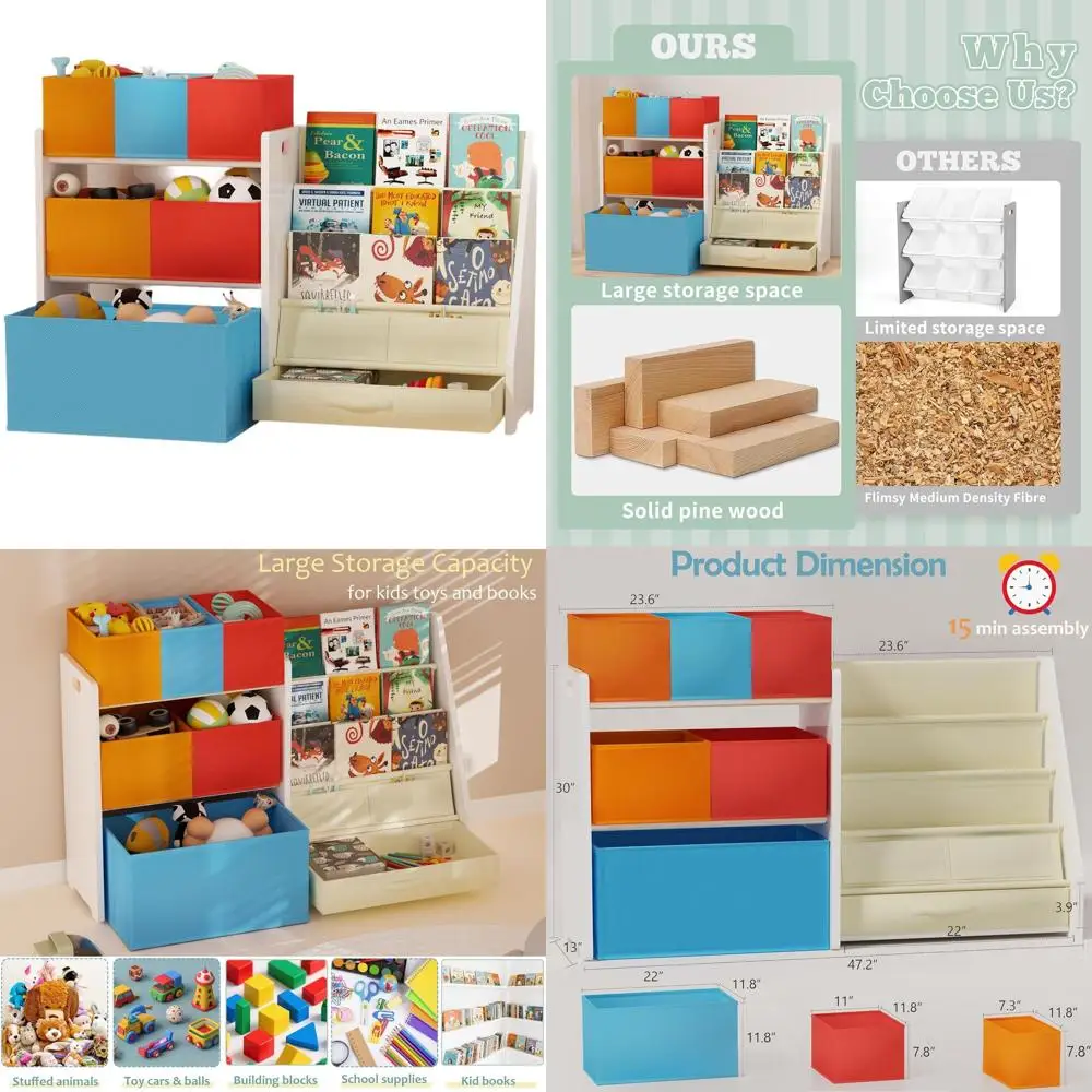 Sturdy 3-Tier Wooden Toy & Book Storage with 6 Expandable Bins for Kids