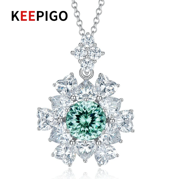 KEEPIGO S925 Sterling Silver Synthetic Paraiba 4-Carat Fireworks Cut Sunflower Pendant Necklace Women's Party Fine Jewelry RA244