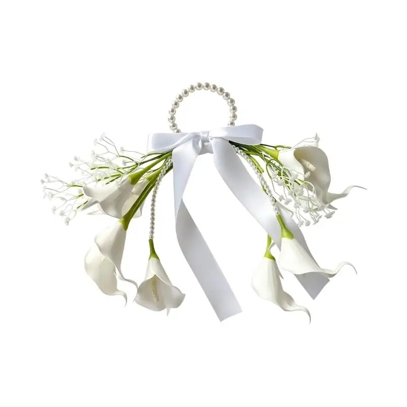 P9FE Hochzeitshandblumen mit Tragegriff und Schleifenakzent für Brautfotos – Detail 5