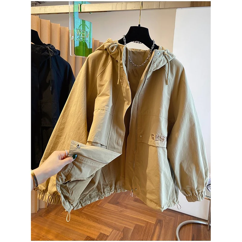 Autumn Cargo Jackets 2025 Women Fashion Loose Streetwear Hooded Zipper Windbreaker Bf Korean Solid Chic All-Match Crop Coats New
