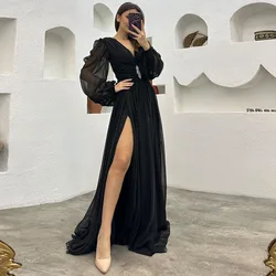 Black Chiffon Party Dresses High Side Split Illusion Puffy Full Sleeve Zipper Vestidos De Fiesta Elegantes Para Mujer 2023