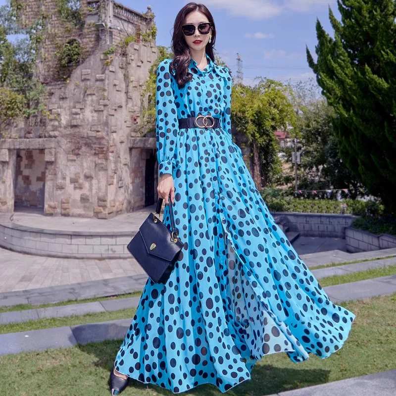 

New Women Spring Summer Dot Print Dress Fashion Turn-down Collar Single Breasted High Waist Long Dress Casual Long Sleeve Dress