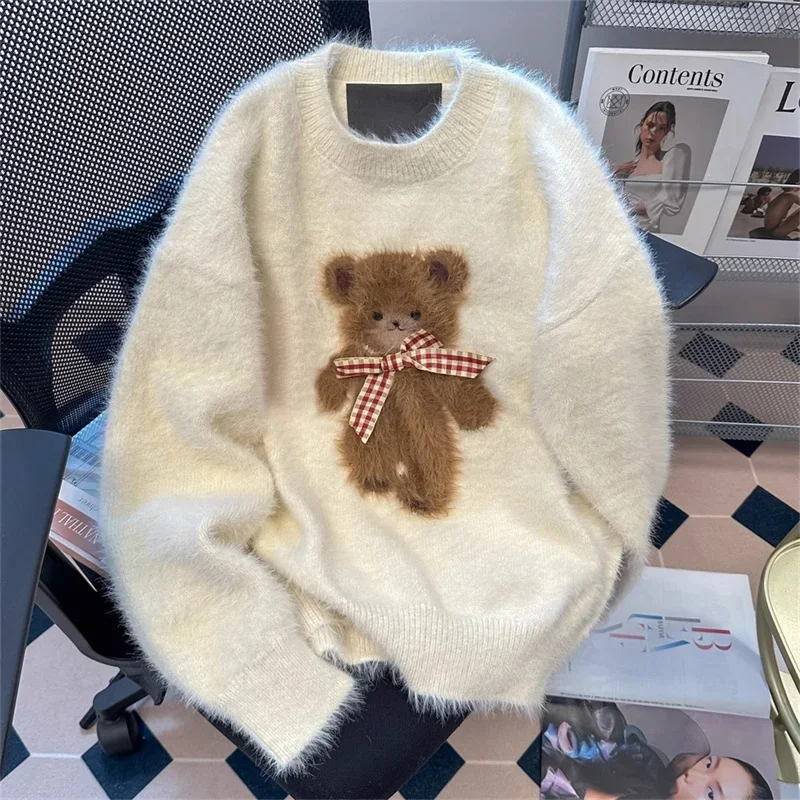 

Korean sweater white sweater female cute bear Jacquard autumn and winter new fashion college style casual loose Joker top