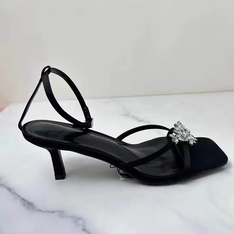 TRAF Women Black Luxury Crystal Heel Sandals Sexy Square Head Peep Toe High Heels Summer Femmes Ankle Strap Sandalias Prom Pumps