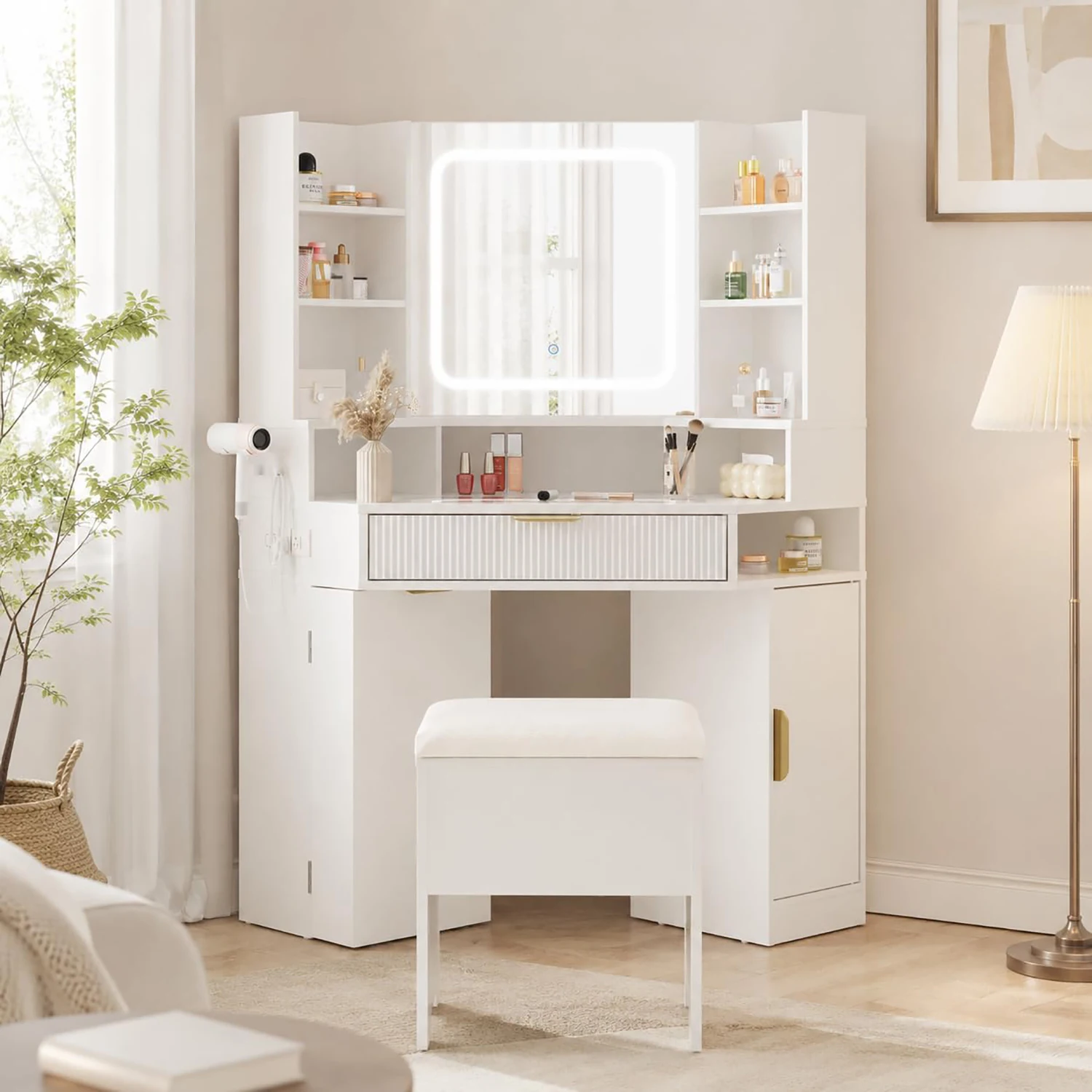Corner Vanity Desk With Mirror And Lights, Glass Top Makeup Table With Charging Station, Dimmable LED, Drawers For Bedroom