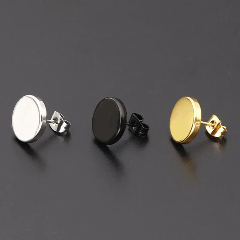 1Pair Stainless Steel Round Black Ear Studs Men Punk Stud Earring for Men Push Back Stud Earring for Women Men Jewelry Gift