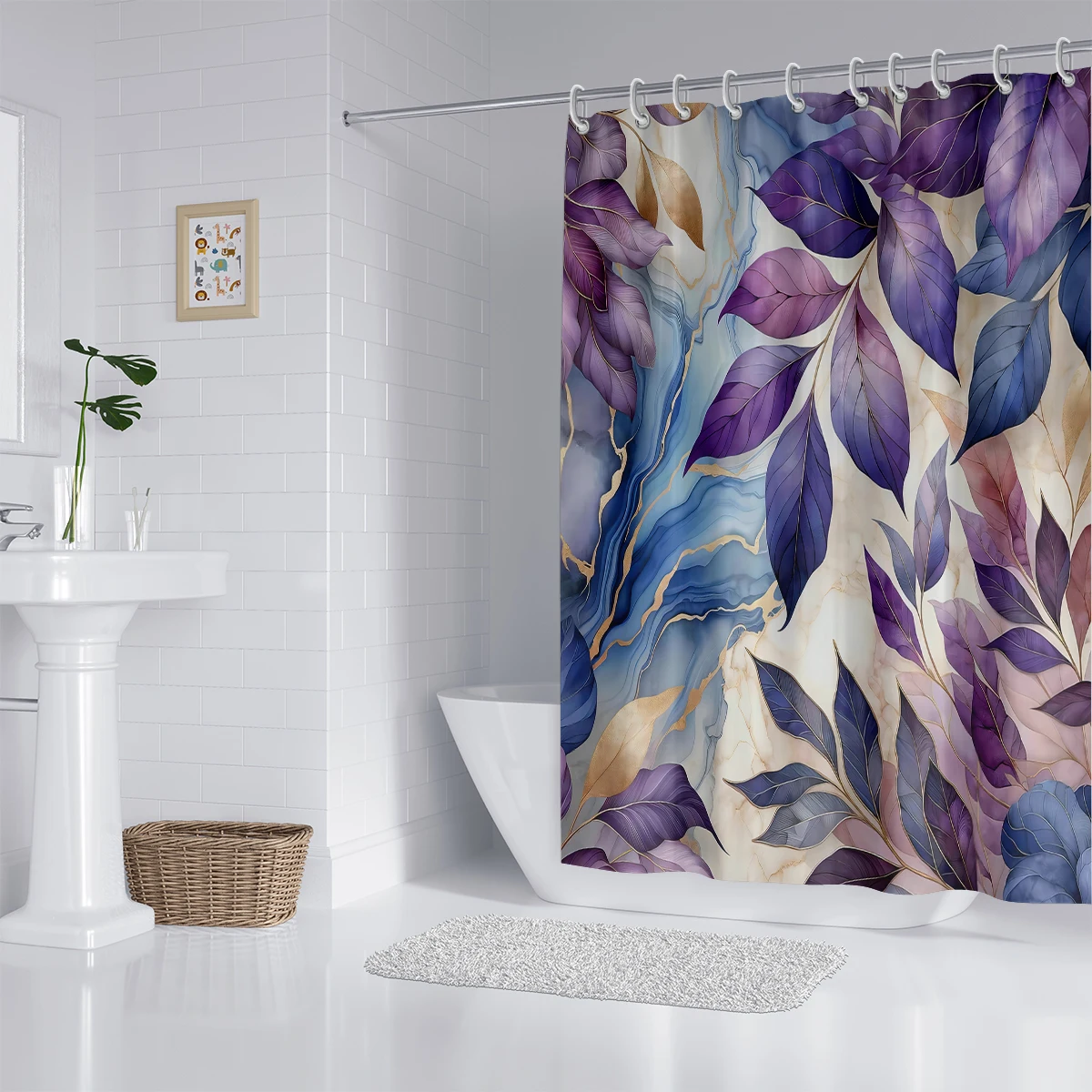 Olive Green and Golden Purple Plant Leaves Shower Curtain Series Printed Pattern with 12 Hooks,for Bathroom Art Decor