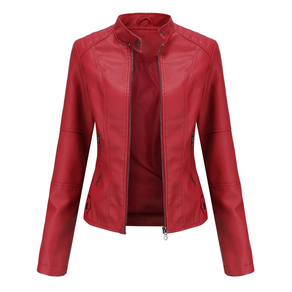 

Leather Jacket Women 2023 Autumn Spring Women's Moto Biker Zipper Jacket Red Black Apricot Coffee Coat Ladies Outerwear Brown