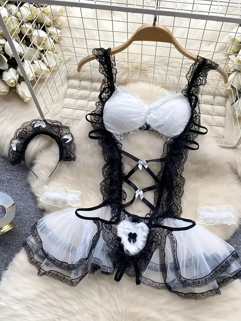 Naughty Maid Role Play Costume Bodysuit for Women  Lingerie Bow Lace Decoration Suspender Dress Cosplay Underwear