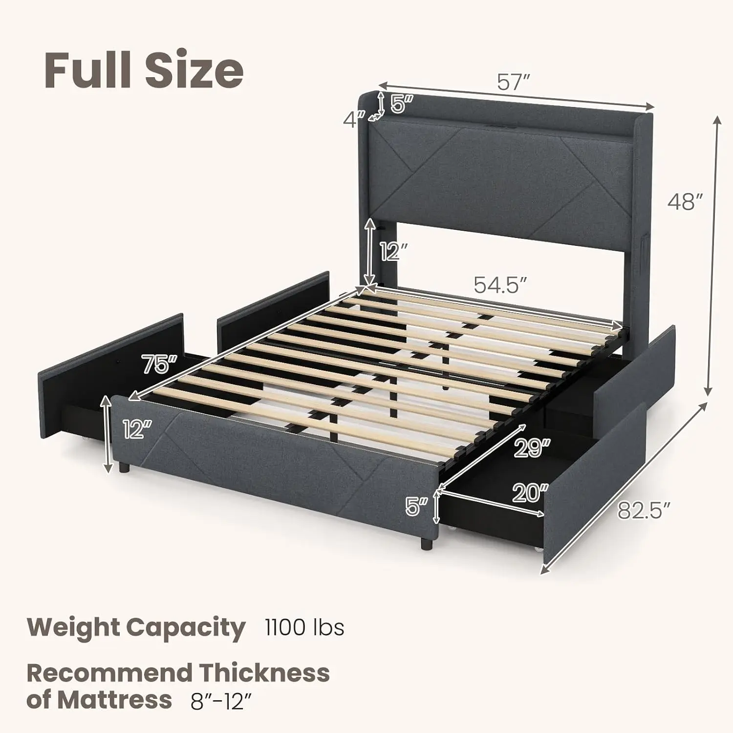 Full Size Upholstered Bed with 4 Drawers & LED Lights, Wingback Headboard, Charging Station, Wooden Slats, Easy Assembly, Grey,
