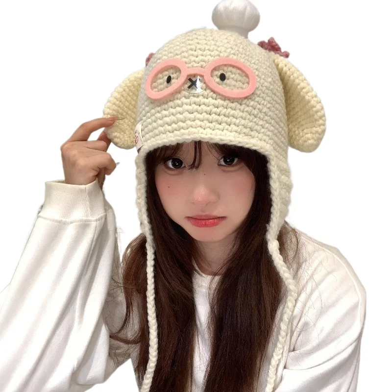 

Japanese Cute Glasses Puppy Long Braid Knitted Ear Hat Women's Autumn and Winter Warm Funny Versatile Wool Lei Feng Hat