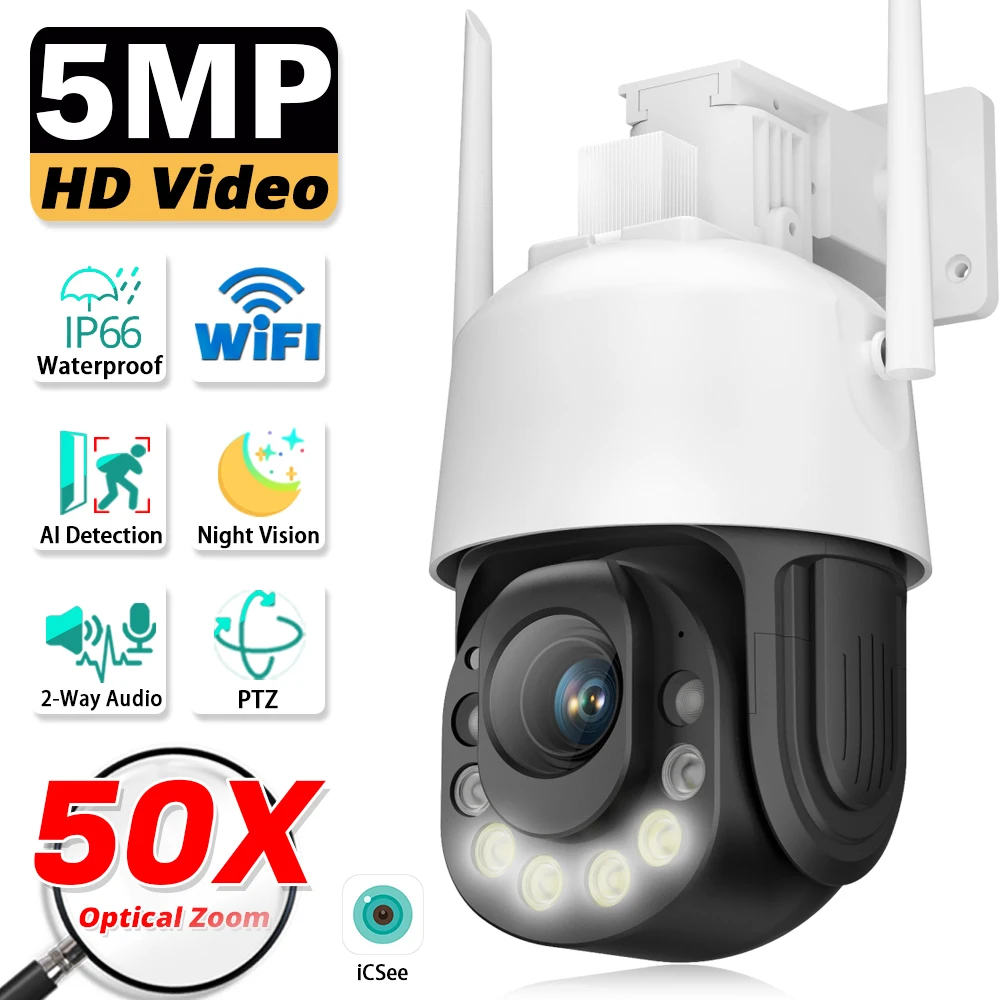 50X Zoom PTZ 5MP HD Wi-Fi Surveillance IP Camera Warning Light Color Night Vision Motion Detect Smart Home Outdoor Security Cam