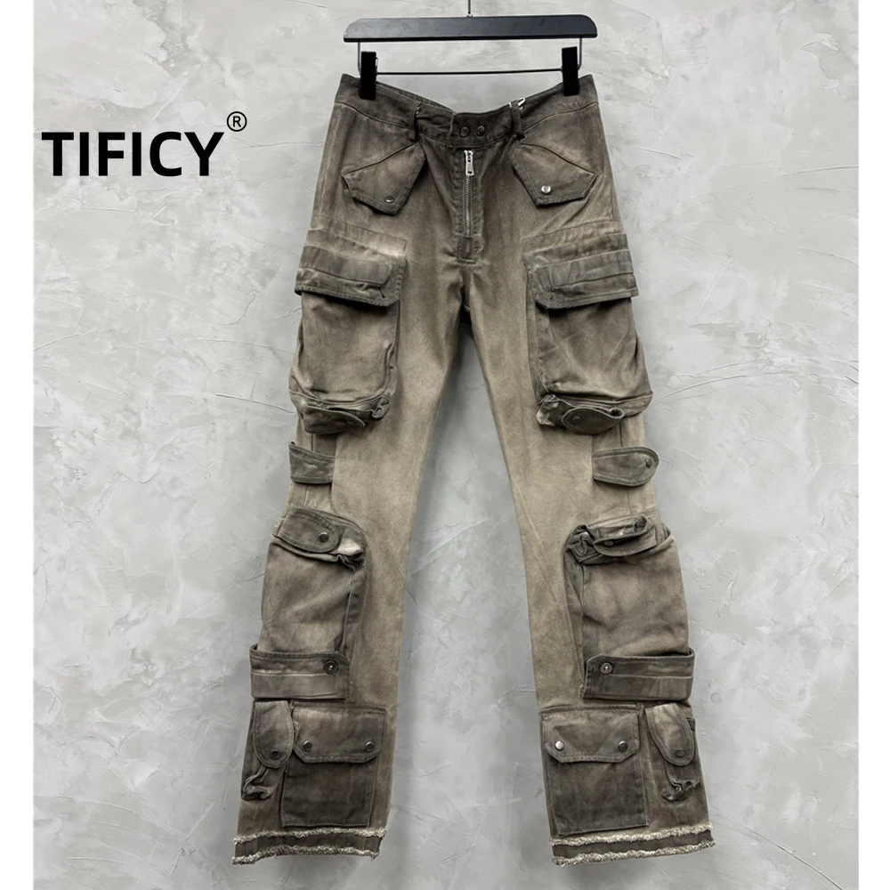 

Сверхмощные стерео брюки для спецодежды с несколькими карманами, мужские прямые цилиндрические повседневные уличные длинные брюки