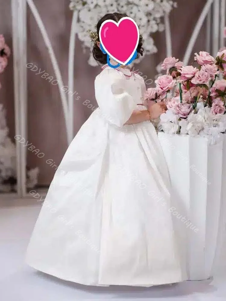 Witte eerste communiejurk met trim Peterpan nek ballon mouw bloemenmeisje jurk voor kinderen bruiloft baljurk op maat