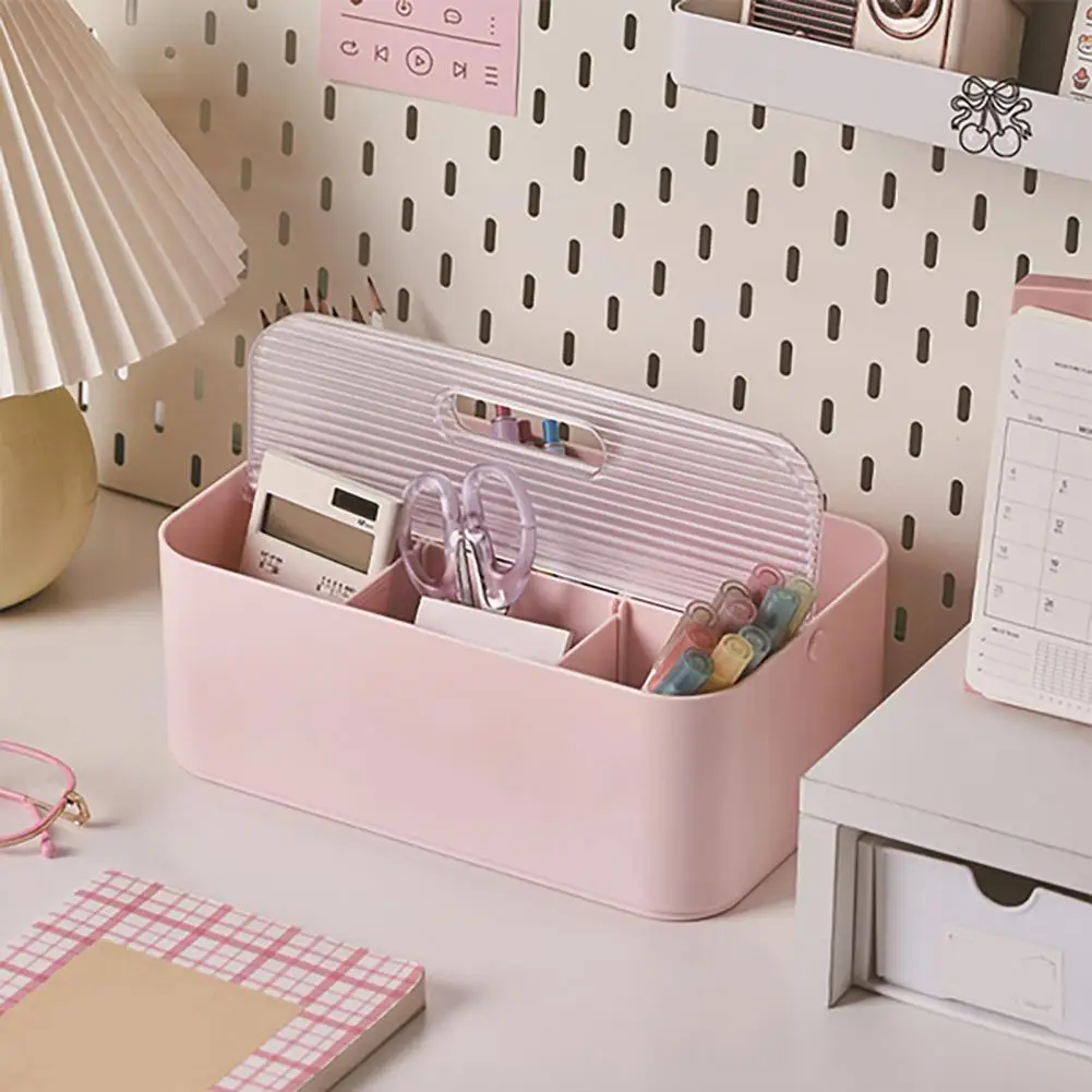 

Storage Box with Removable Partitions Design Dust-proof Desktop Organizer Portable Folding Handle Container Stationery Cosmetics