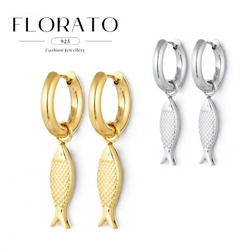 

FLORATO 925 Silver Ear Needles Mesh Scale Small Fish Pendant Hoop Earrings For Women Vintage Earrings Fashion Party Jewelry