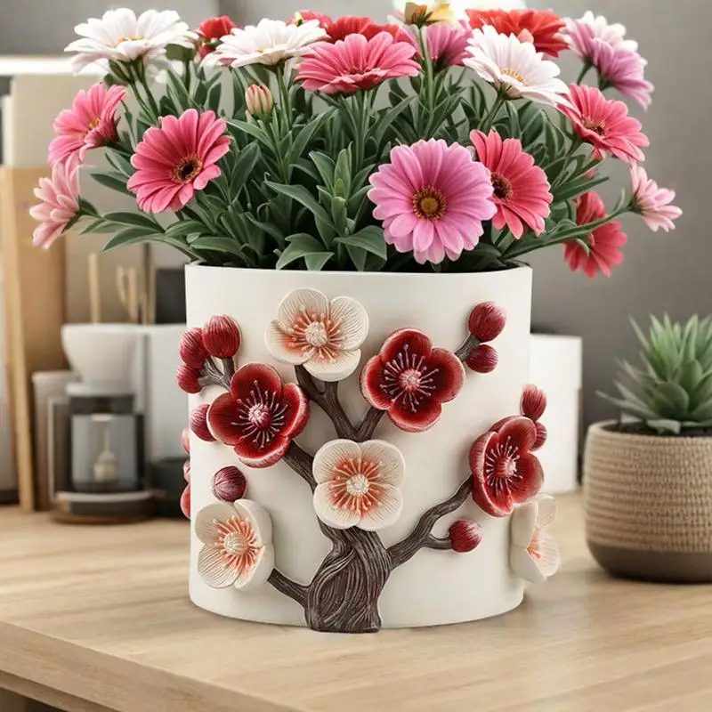 3D Flower Pot Handcraft 3D Embossed Plum Blossom Vase Outdoor Indoor Flower Pots Creative Large Caliber Planter Home Flower