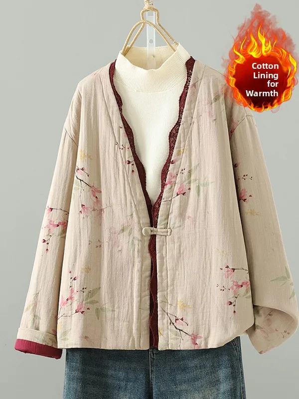

New Chinese Sle Cotton Jaet Women's V-ne Long Sve Printed Floral Lace Trim Warmth-filled Retro Button-up Top