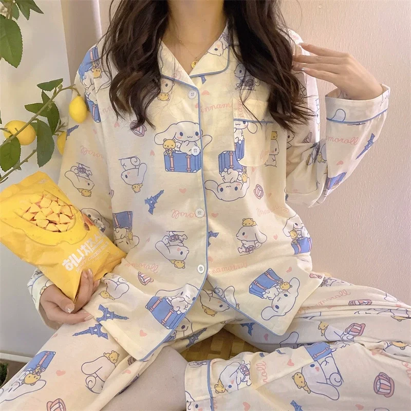 

Kawaii Cinnamoroll Hello Kitty 2Pcs Pajamas Set Sanrioed Anime for Women Kt Cat Long Sleeve Tops Pants Loungewear Homewear Sweet