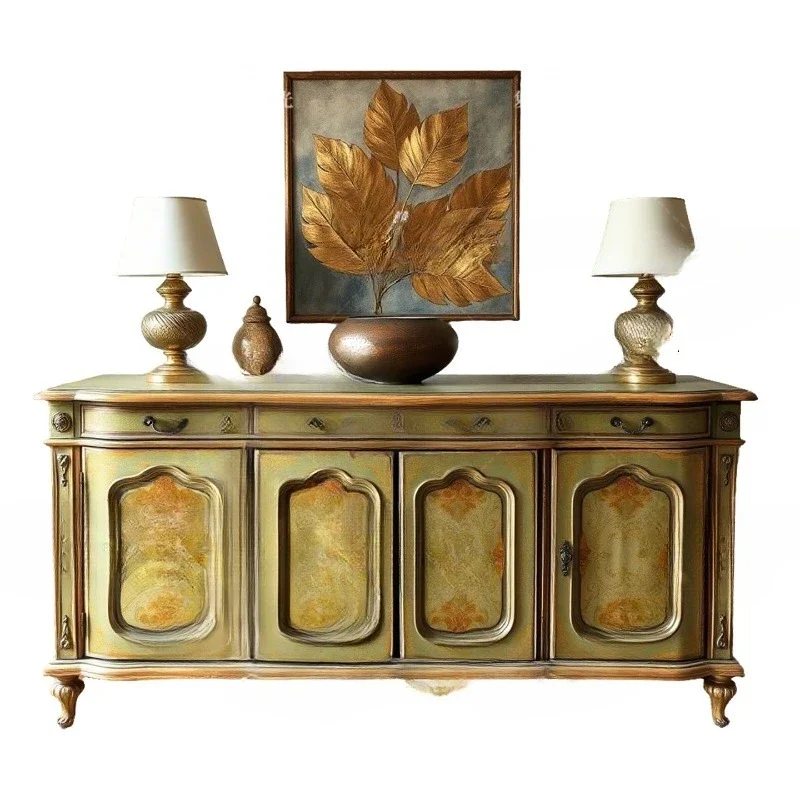 French retro solid wood carving flower entrance cabinet living room painted decorative cabinet home locker display cabinet