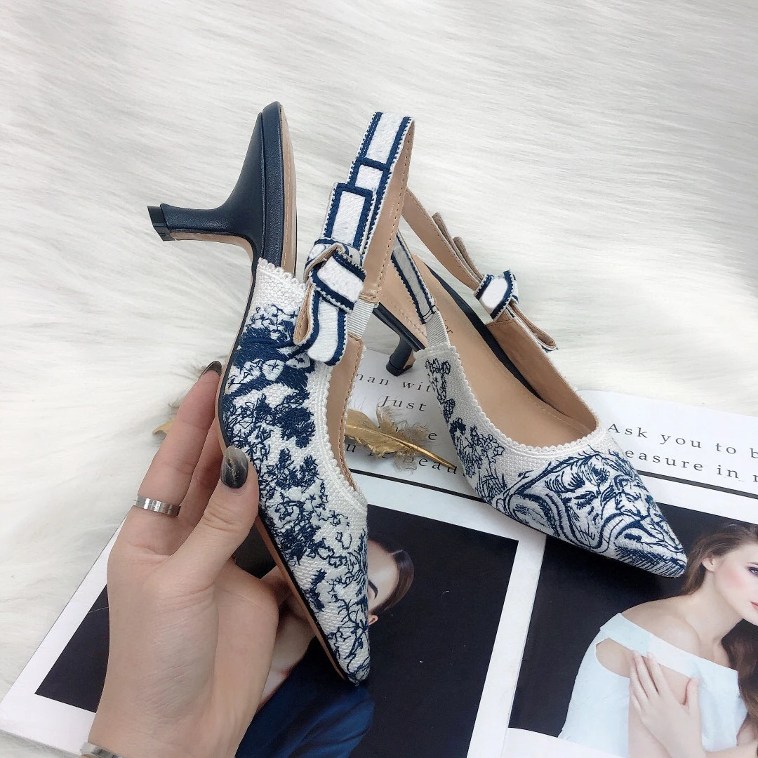 High Heel Embroidered Baotou Bow Stiletto Ribbon Sandals Spring Summer Pointed Toe Single Shoes Women Fashion Ladies Pumps