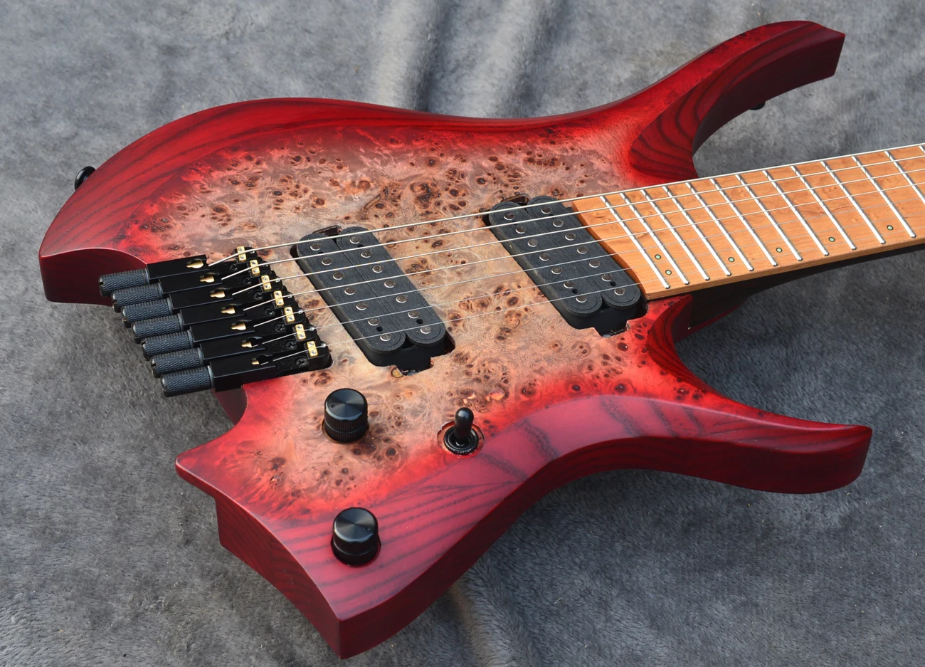 2022 new Fanned frets 7 Strings Headless Electric Guitar Red burst color Roasted Wenge Neck Ergonomic asymmetric neck