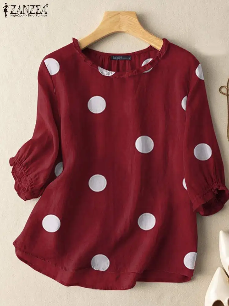 2023 Summer Polka Dots Printed Blouse Bohemian Ruffles Shirt Women O-Neck 3/4 Sleeve Beach Tops ZANZEA Female Elegant OL Blusas