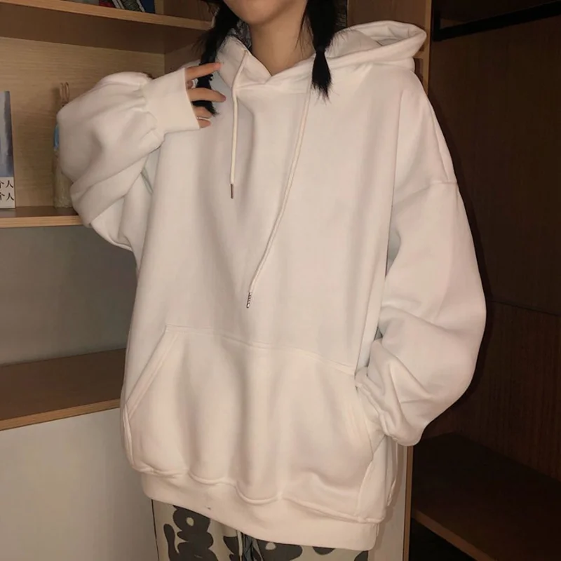 QWEEK Harajuku Oversized Hoodie Women Korean Style White Sweatshirt Preppy Black Pullover Hip Hop Cotton Hooded Streetwear Trend