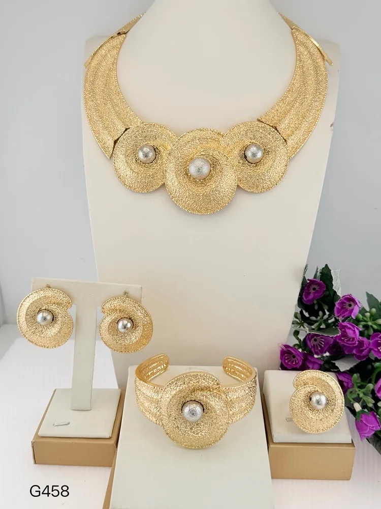 The Latest Simple Two Tone Italian Jewelry Popular Textured Necklace Brazalete Aretes Anillo 4PC Jewels Set for Wedding Party