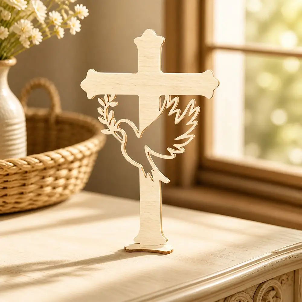 10Pcs Decorative Cross Wooden Peace Dove Cross Hollow Dove Craft Style Cross Decorative Figurine with Base Wood