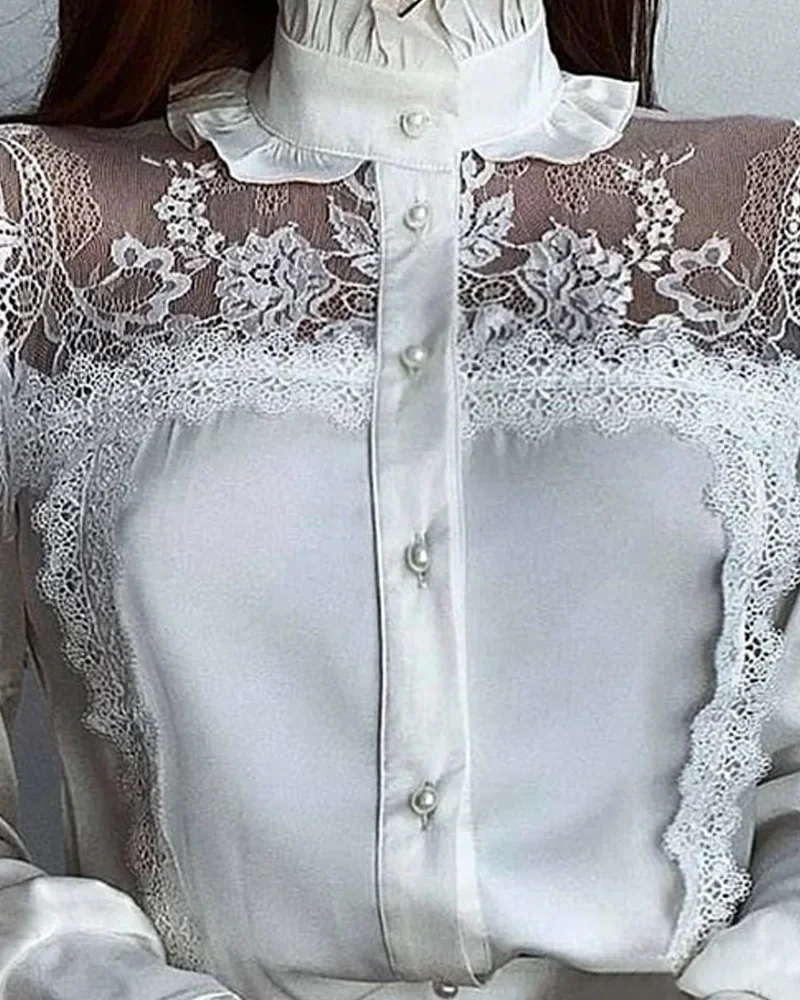 Women Fashion Lace Solid Color Casual Shirt White High Collar Mesh Lace Stitching Stringy Ruffles Shirt Top Blouse New