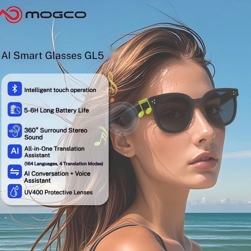 

GL5 Smart AI Audio Glasses Real-Time Translation UV400 Protection 8Hrs Battery for Driving Cycling Outdoor Sports