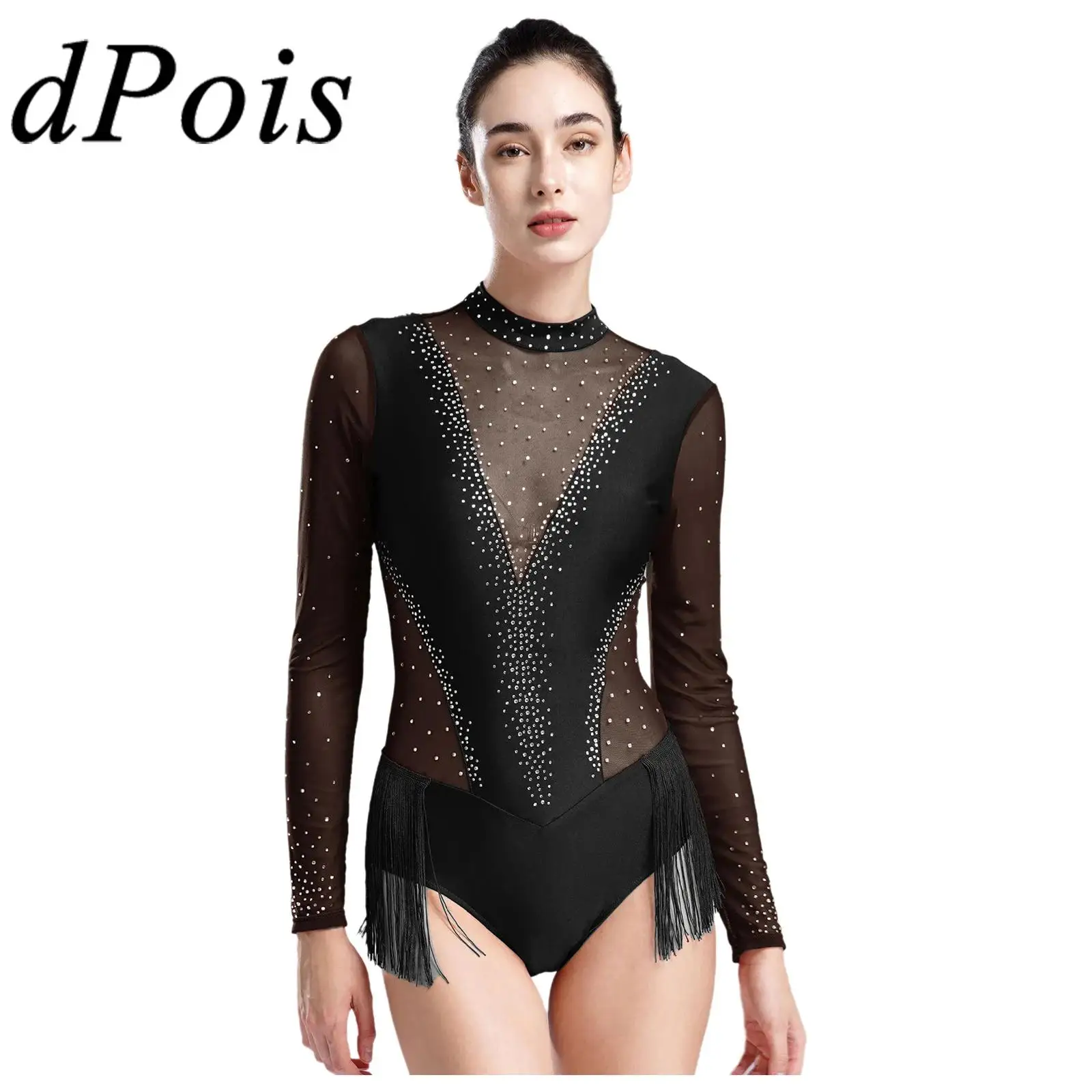 Womens Long Sleeve Tassel Skating Bodysuit Ballet Gymnastics Jumpsuit Femme Rhinestones Sheer Mesh Fringed Latin Dance Leotard